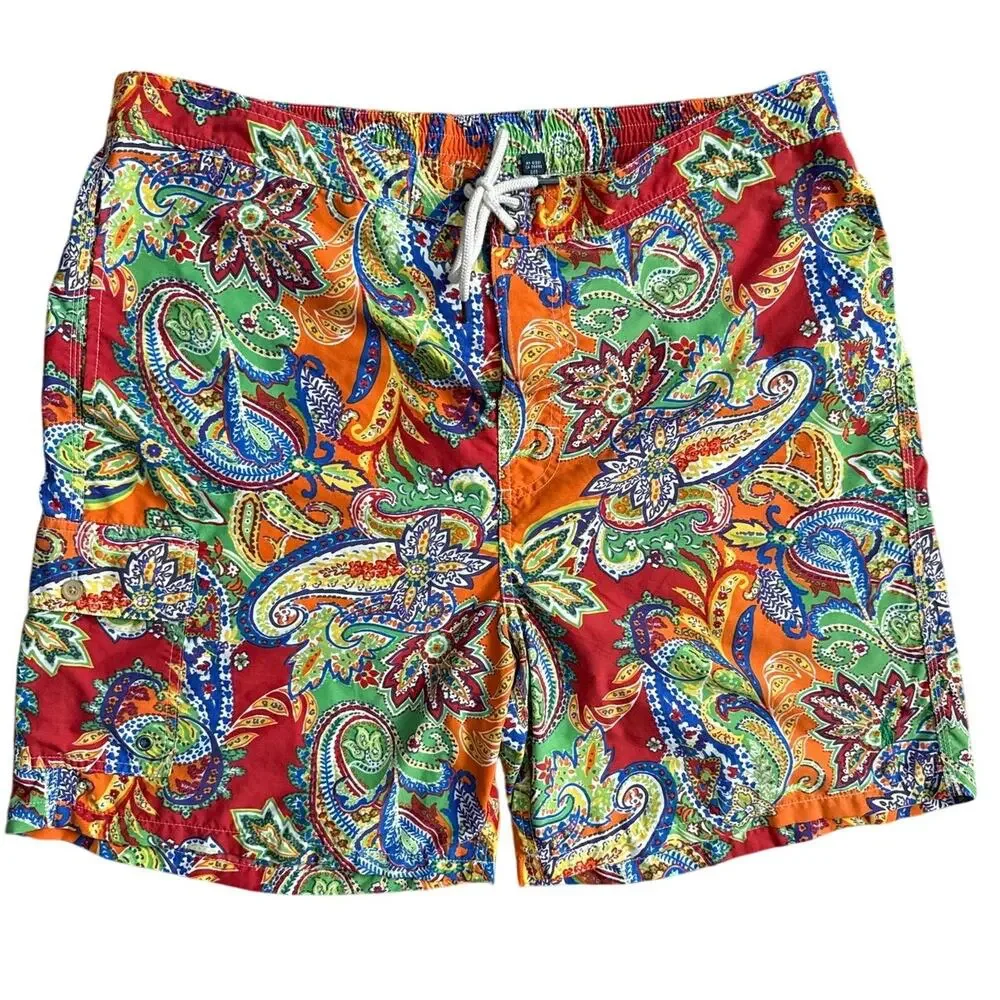 Polo Ralph Lauren Vintage Tag Orange Green Paisley Lace Up Swim Trunks Size XXL - Picture 2 of 7